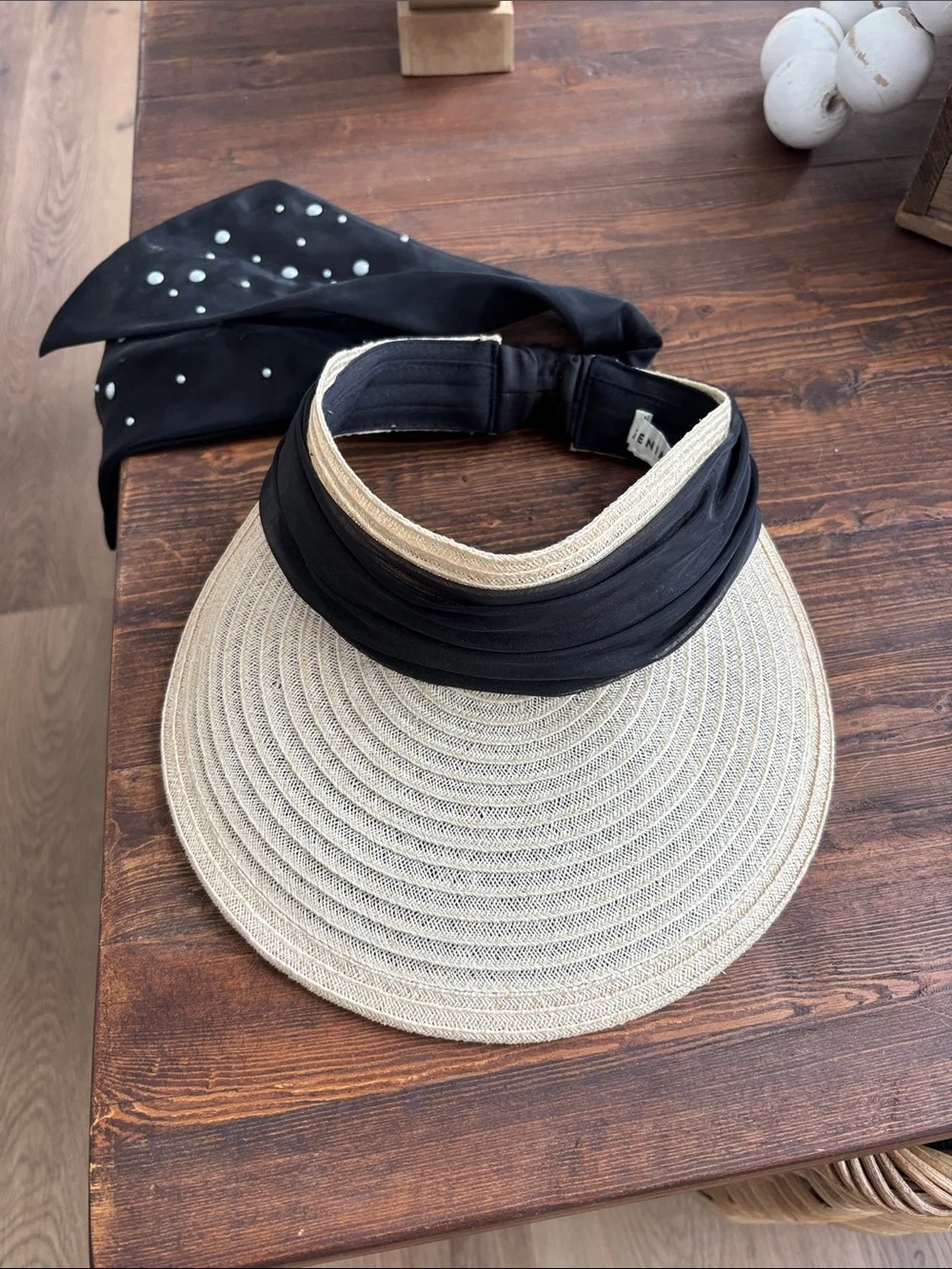 Eugenia Kim Natural Straw Visor with Black Scarf Band
